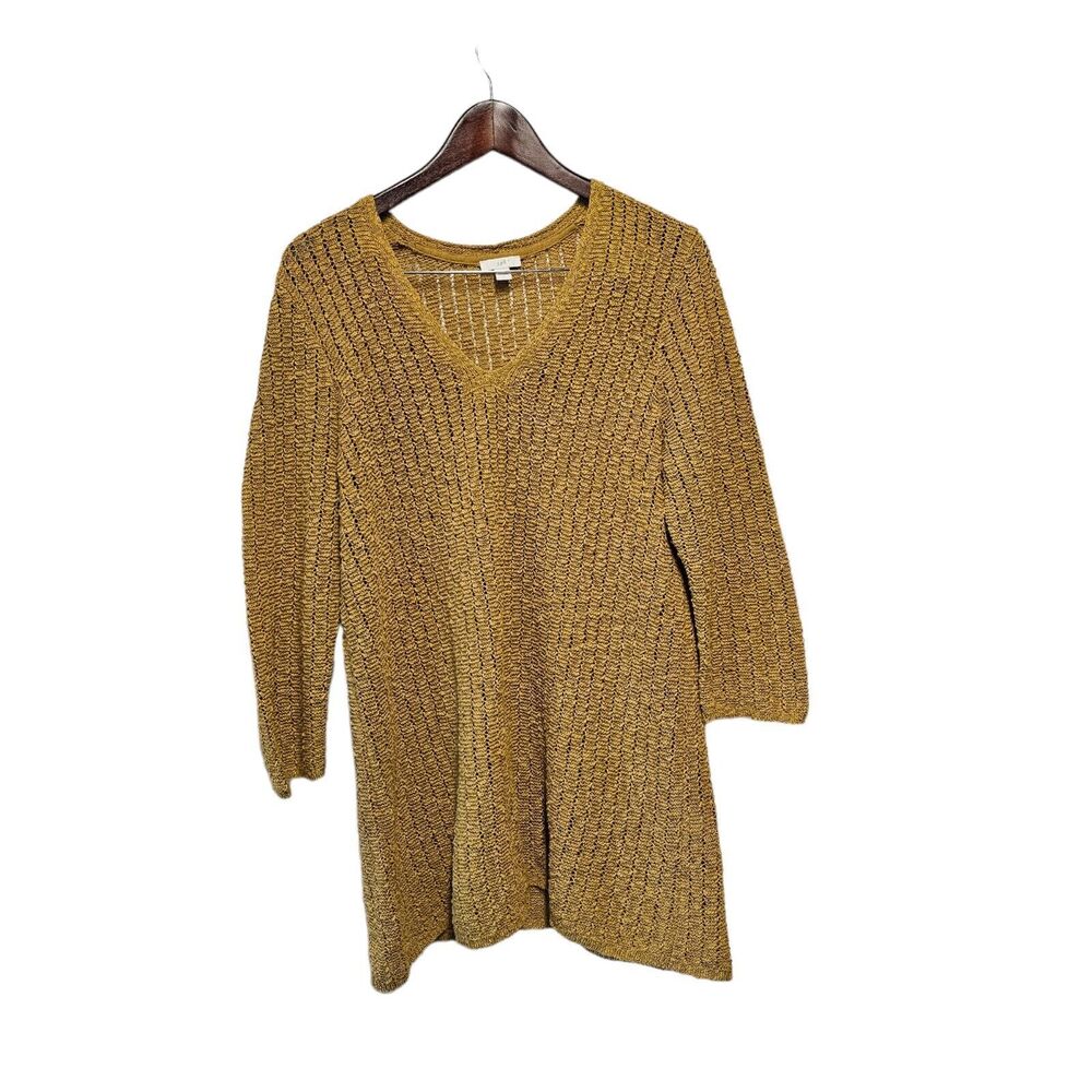 J‎ JILL Sweater Mustard Yellow Gold Open Knit V Neck Tunic  LARGE